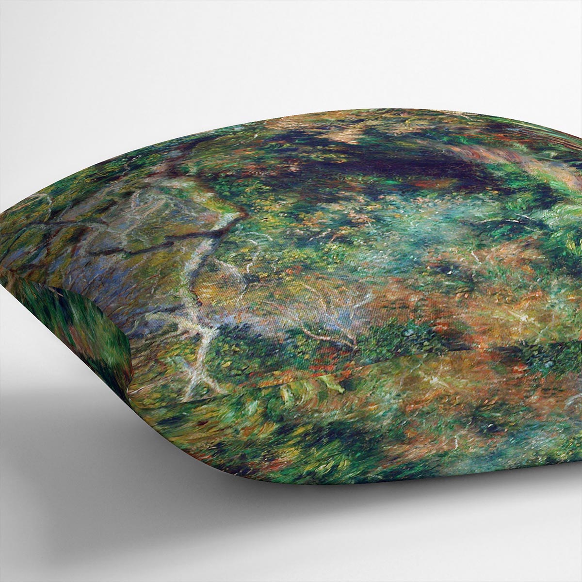 A vibrant cushion featuring Renoir's Landscape in Southern France design, made from luxurious vegan faux suede with plump filling.